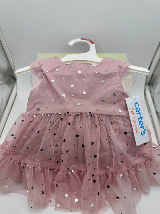 Carter's Light pink dress with silver hearts and dot accents- 3 months